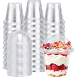 100 Packs 9 oz Clear Plastic Cups with Dome Lids, Disposable Cups with Lids, Reusable Plastic Dessert Cups for Ice Cream, Cake, Snacks, Fruit, Cold Drinks, Milkshake, Pudding, Salad