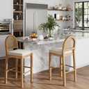 Nathan James Bailey 29 in. Boucle Bar Stool with Back, Bar Height Chair with Natural Woven Rattan Back and Solid Wood Legs, Light Brown