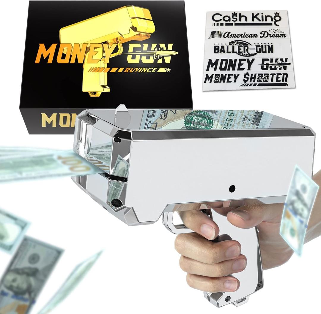 RUVINCE Money Gun Shooter Money Gun for Movies That Look Real, Prop Gun Make it Rain, Handheld Cash Gun for Game Movies Party (Silver)