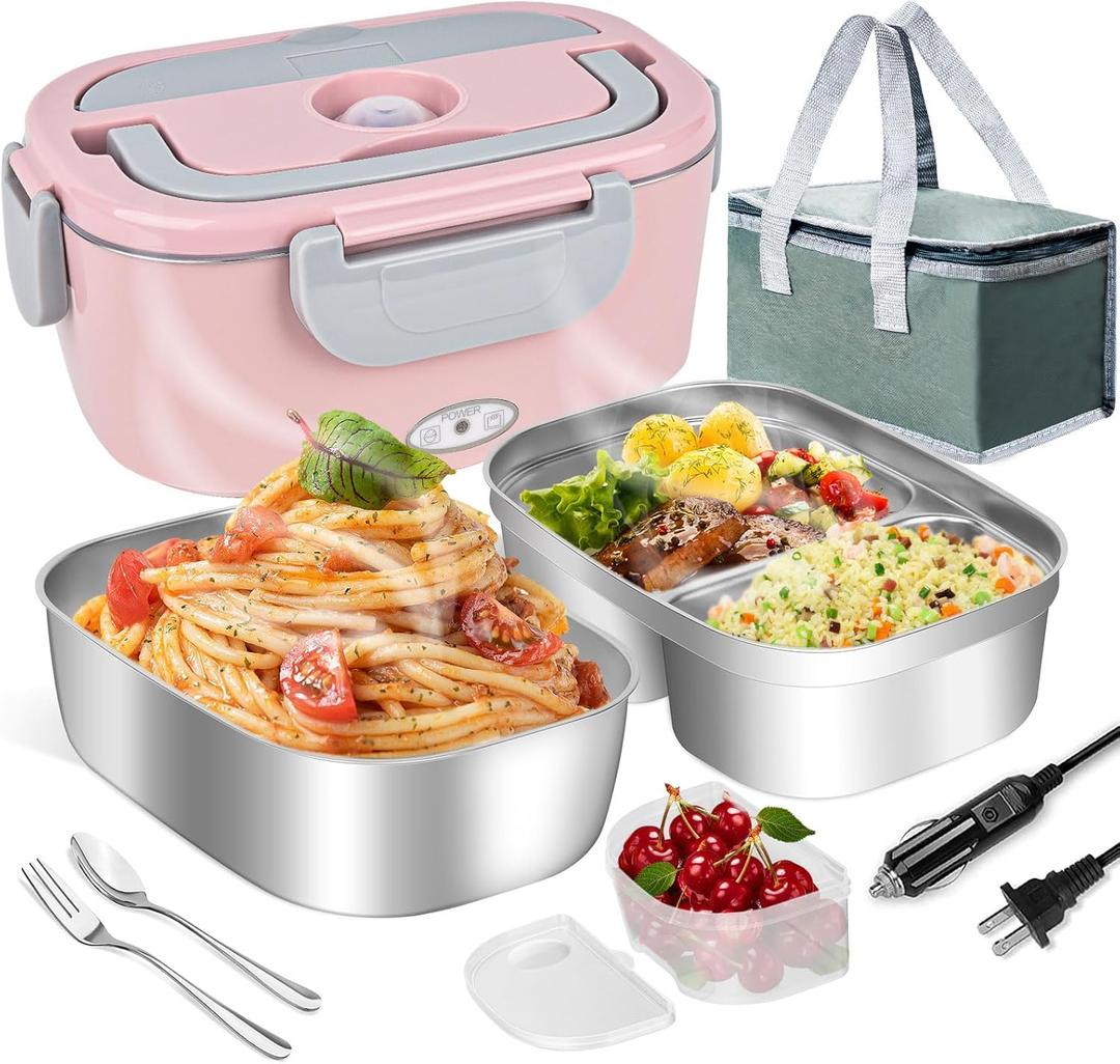 LAVAED Electric Heated Lunch Box - 80W Fast Heating, Portable Warmer for Car/Truck/Office/Outdoor, BPA Free (2PPink)