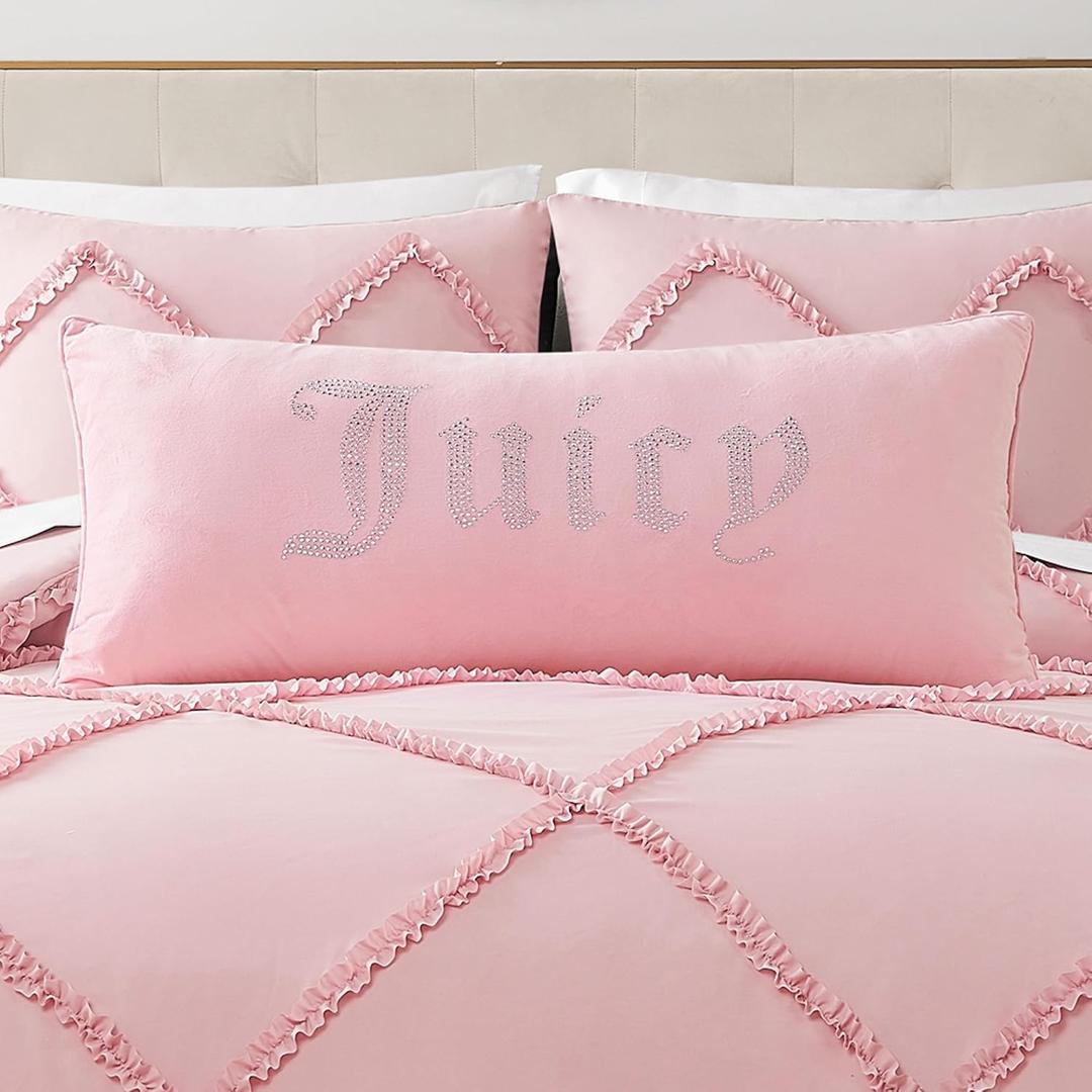 Juicy Couture Rectangle 1-Piece Decorative Accent, Premium Reversible Throw Pillow, Living Room and Bedroom Dcor, 16"x36", Velvet Rhinestone Light Pink