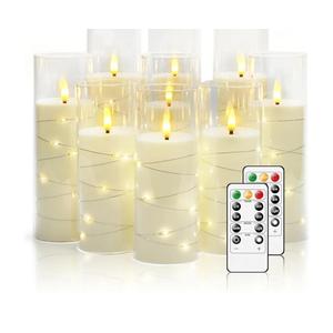 Flickering Flameless LED Candles, 9 Pcs with Embedded Star String, Acrylic LED Pillar Candles with Remote, Suitable for Home Decoration (White)