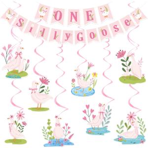 One Silly Goose Decorations - 10 Pcs Pink Goosey Birthday Party Hanging Swirls Set for Kids Girls Flower Banner Decor for Wall Ceiling Cute First Streamer Backdrop Supplies Paper Ornaments