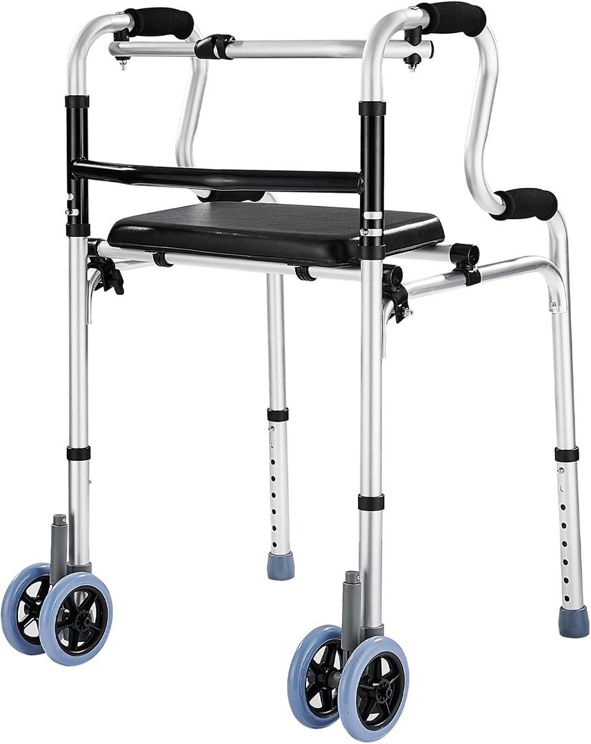 Folding Walkers with Wheels and Seat 390LB,Auto Brake Double Front 5" Wheel Walker, Lightweight Standard Walkers for Seniors, Aluminum Rolling Walker for Adults, Height Adjustable Walking Mobility Aid