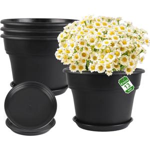 13-inch-Plant-Pots, 4 Pack Large Planters for Outdoor Plants, Plastic Flower Pots Indoor with Drainage Holes & Trays, Classic Garden Pot Container for House (Black)
