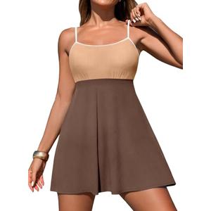 Aleumdr Athletic One Piece Swimsuits Tummy Control Tankini Bathing Suits for Women Ribbed Swimsuits Skirt Swimwear with Pocket Oatmeal X-Large