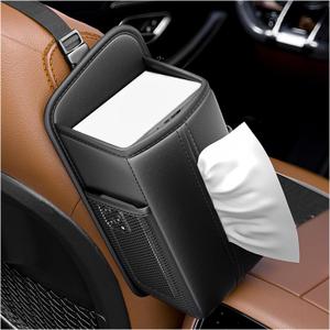 Car Tissue Holder, Rectangular Waterproof Auto Seat Side Tissue Box with Mesh Pocket, Multifunctional Leather Napkin Holder Hanging Storage Box for Vehicle Front Seat