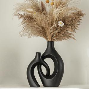 Snuggle Hollow Modern Ceramic Vase Set of 2, Mid Century Nordic Aesthetic Decorative Vase Decorative Vases for Home Table Decor (Matte Black W 6.8" X H 11")