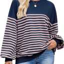 HEYTALALA Womens Oversized Striped Sweatshirts Y2K Long Sleeve Crewneck Sweater Color Block Drop Shoulder Loose Pullover Tops (S)