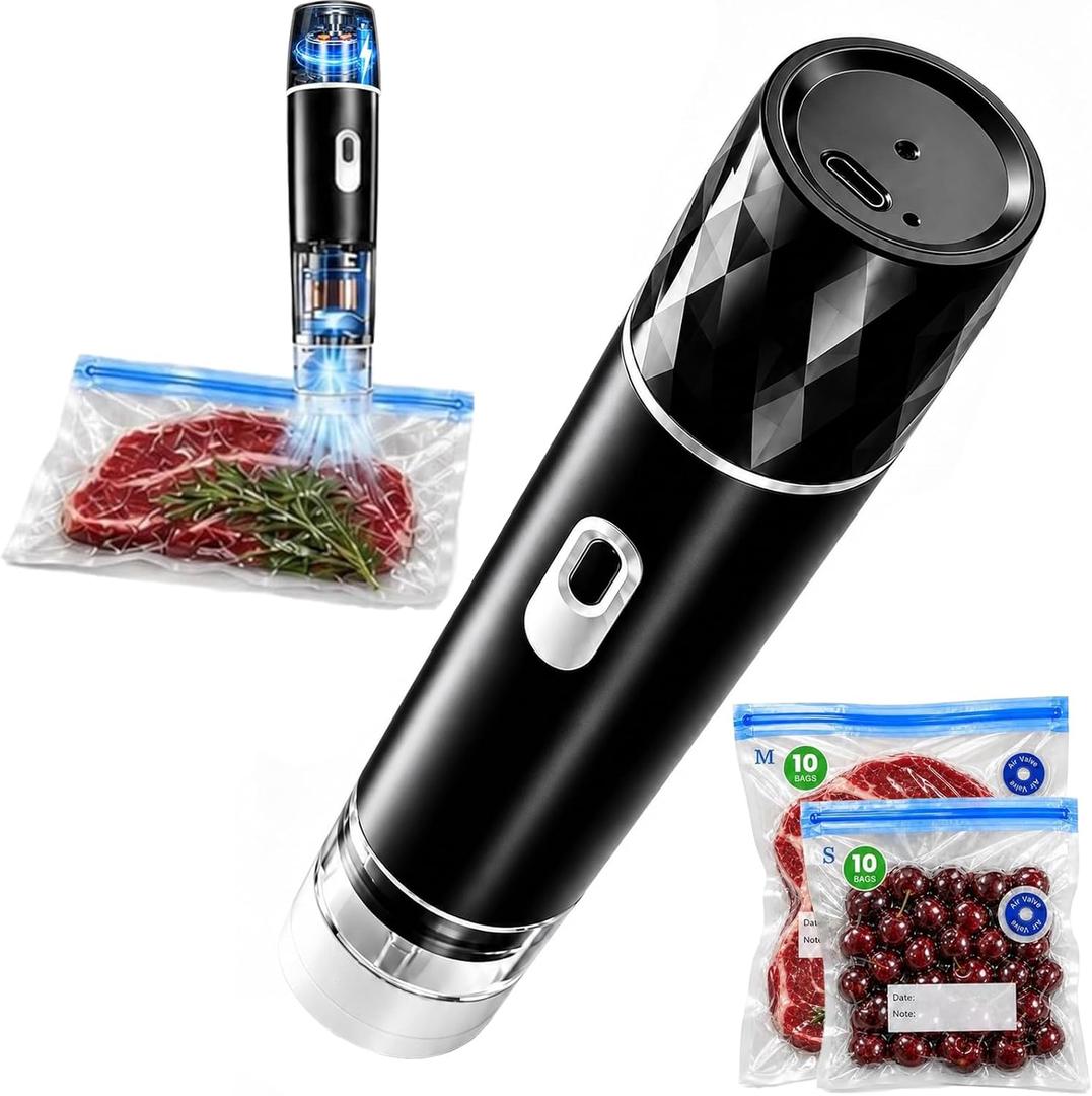 Compact Vacuum Sealer for Food, Powerful Handheld Vacuum Sealer with Visible Liquid Control, 20 Reusable Vacuum Bags, Keeps Food Fresh 12x Longer, Idea for Meal Prep, Fridge Storage (Black)