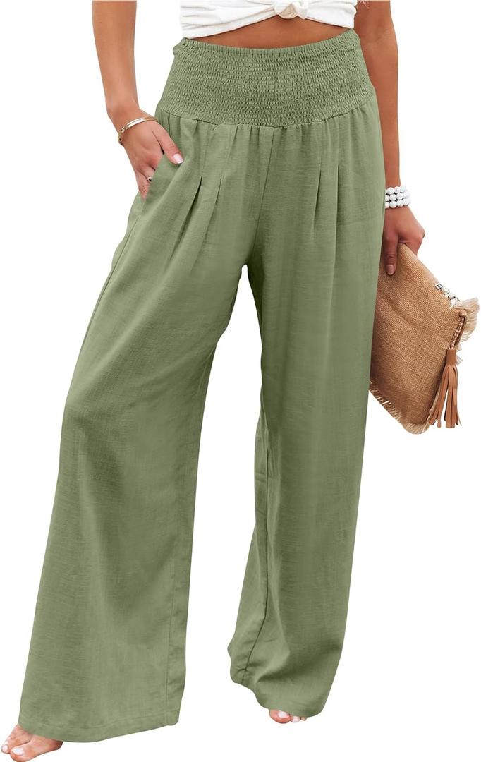 ANRABESS Women Linen Palazzo Pants Summer Boho Wide Leg High Waist Casual Lounge Pant 2025 Beach Travel Vacation Outfits (Green, S)