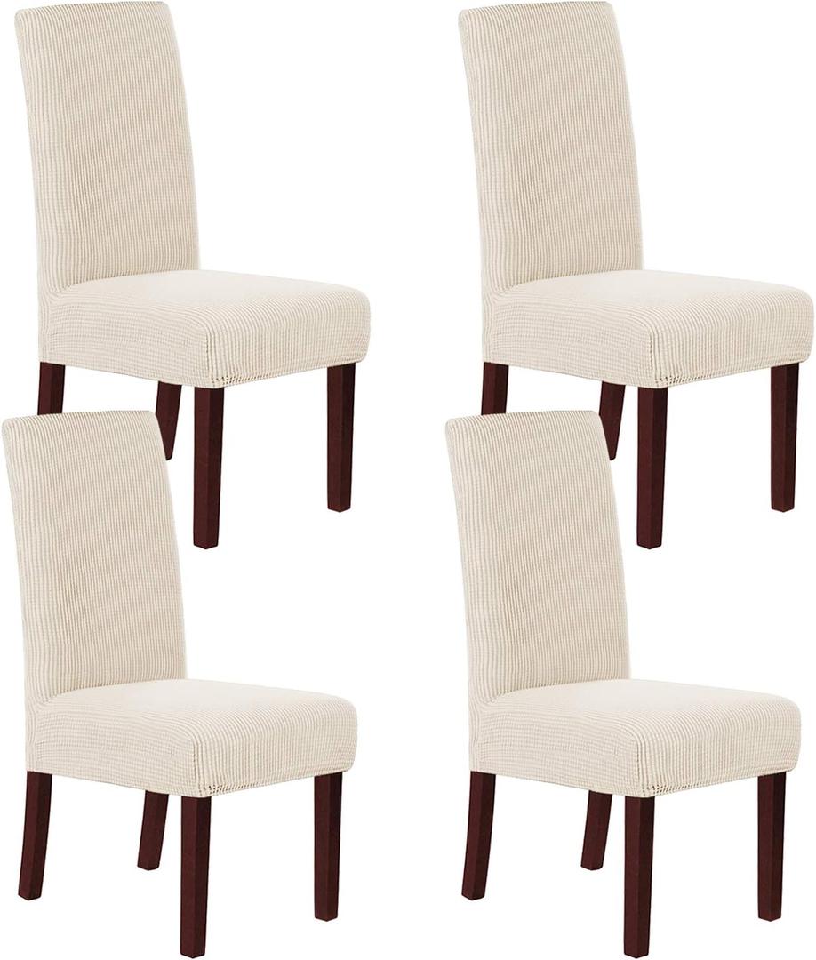 H.VERSAILTEX Stretch Dining Chair Covers Set of 4 Chair Covers for Dining Room Parsons Chair Slipcover Chair Protectors Covers Dining, Feature Textured Checked Jacquard Fabric, Natural
