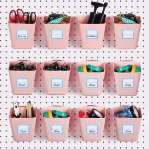 Namalu 12 Pack Pegboard Storage Bins with Labels and Hooks Bulk Peg Board Organizer Accessories Hanging Cup Organizer Pegboard Cup Holder (Pink) (4.7 x 4 x 5 Inch)