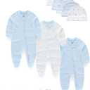 Baby Boy Girls Clothes 2-Way Zip Footed Long Sleeve 100% Cotton,Newborn Caps and Scratch Mittens Set 0-6 Months (Blue)