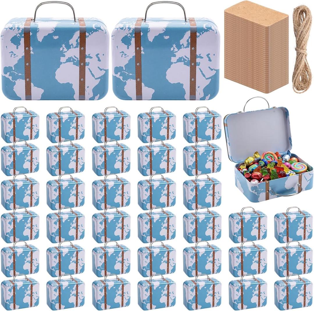 24 Pieces Mini Suitcase Party Favor Boxes Mini Luggage Gift Suitbox Small World Map Candy Tin Suitcase with Handle, Label and Twine for Travel Themed Party Bridal Shower Wedding Decoration
