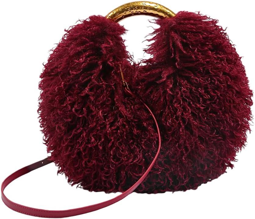 Women Shagy Furry Handbags Burgundy Fur Purse Fluffy Shoulder Bag Fur Hobo Bags Women