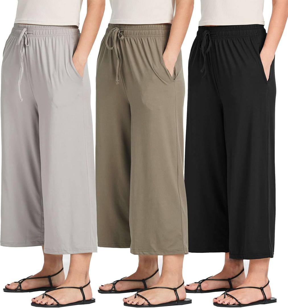 Real Essentials 3 Pack: Women's Ultra-Soft Wide Leg Loose Capri Open Bottom Pants - Yoga Lounge Pockets Small