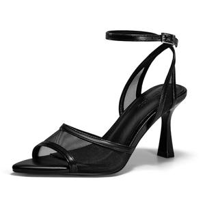 Coutgo Womens Mesh Kitten Heels Sandals Pointed Open Toe Ankle Buckle Strap Summer Dress Shoes, Black, size 9.5