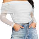 SAUNGKUAI Women's Off The Shoulder Long Sleeve Bodysuit Sexy Slimming Body Suit Tops Sheer Mesh Ruched Fall Outfits 2026 (White)