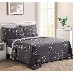 Marina Decoration Printed 600 Thread Count Soft Deep Pocket Hotel Standard Long Staple Cotton Blend Percale All Season 4 Pieces Bedding Sheet Set, Plum Blossom Floral Grey Pattern Double/Full Size