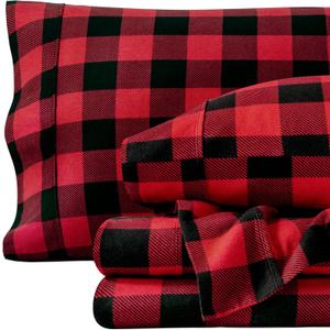Bare Home Flannel Sheet Set Prints, 100% Cotton, Velvety Soft Heavyweight - Christmas Holiday Sheets - Double Brushed Flannel - Extra Softness, Comfort - Deep Pocket (Queen, Buffalo Plaid - Red/Black)