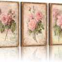 EEYNAQQ 3 Pcs Vintage Pink Rose Canvas Wall Art Shabby Chic Floral Posters Prints 12x16 Inch Still Life Plants Art Aesthetics Framed Canvas Print Wall Decor for Living Room Bedroom Office Kitchen