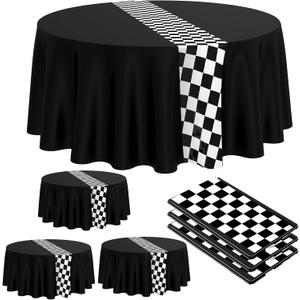 Oudain Cars Birthday Racing Decorations - Round Tablecloth, Checkered Flag Table Covers, Road Plastic Table Cloth, 1950s Disco Dancing Party Tablecloth (Black, 3 Pcs)