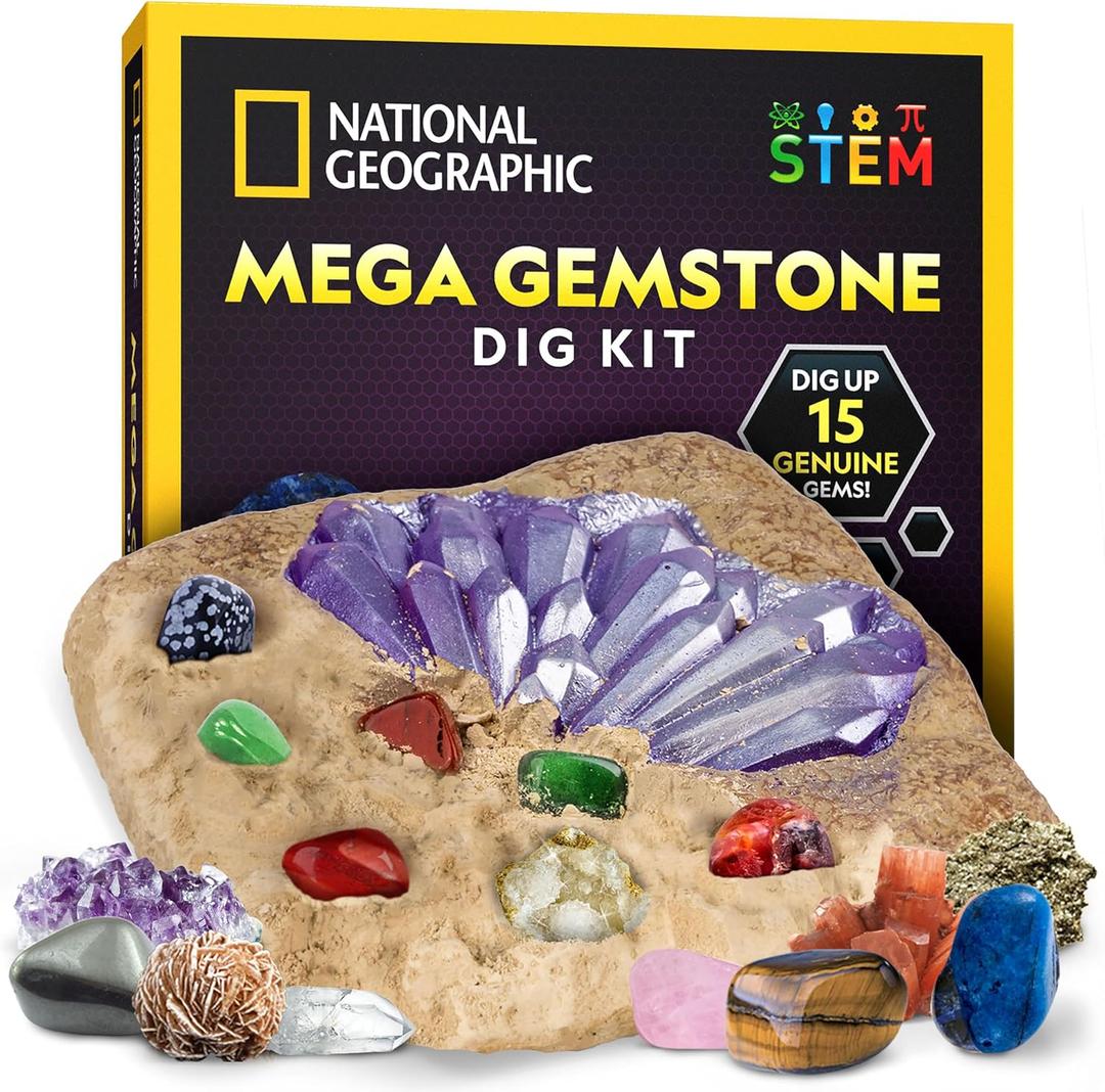 NATIONAL GEOGRAPHIC Mega Gemstone Dig Kit  Dig Up 15 Real Gemstones and Crystals, Science Kit for Kids, Gem Digging Kit, Gift for Girls and Boys, Mining Kit, Rock Collection
