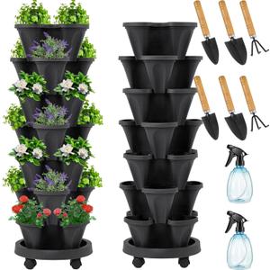 Umigy 2 Set of 7 Tier Vertical Planter Stackable Tower Planters Strawberry Herb Flower and Vegetable Pots Indoor Outdoor Gardening Pots with Removable Wheels and Tools(Black)