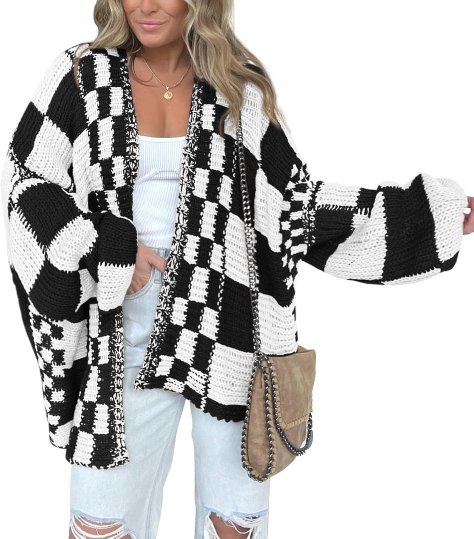 BTFBM Casual Cardigan Sweater for Women Fall 2026 Long Sleeve Open Front Chunky Knit Sweaters Checkered Outwear Coat (Large, Black)
