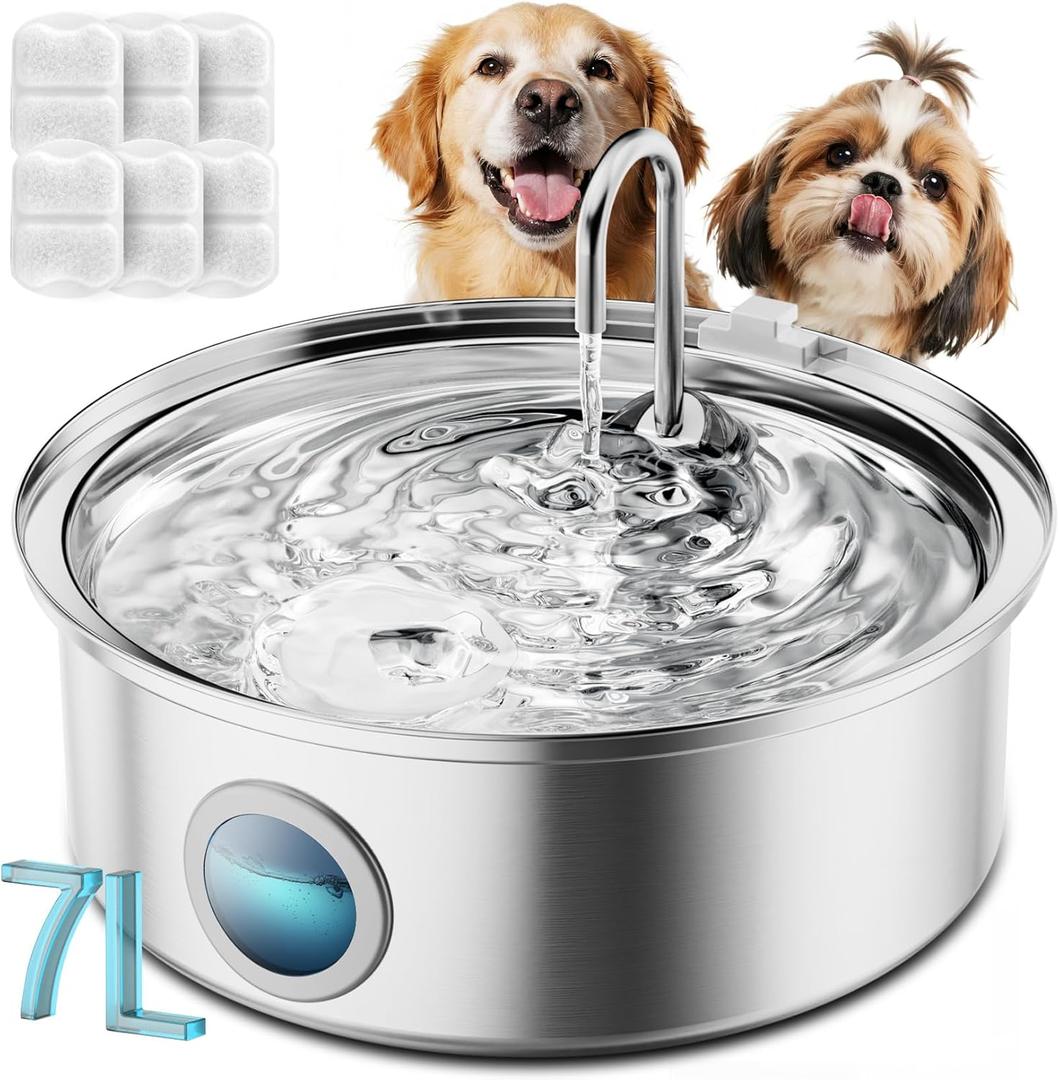 Oneisall Pet Water Fountain with 8Set Filters, 7L/230oz Quiet Dog Water Dispenser, Stainless Steel Dog Fountain with Visual Water Level&4-Layer Filtration for Large Dogs