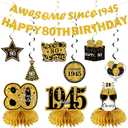 11Pcs 80th Birthday Decorations Kit for Men Women, Black Gold Happy 80th Birthday Banner, Awesome Since 1945 Centerpieces Swirls Party Supplies, Eighty Bday Banner Ceiling Table Topper Sign
