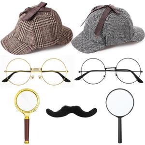 Jeyiour 8 pcs Detective Costume Accessories for Adults Men Women Detective Hat Kit Outfit Party Decor (Beige)