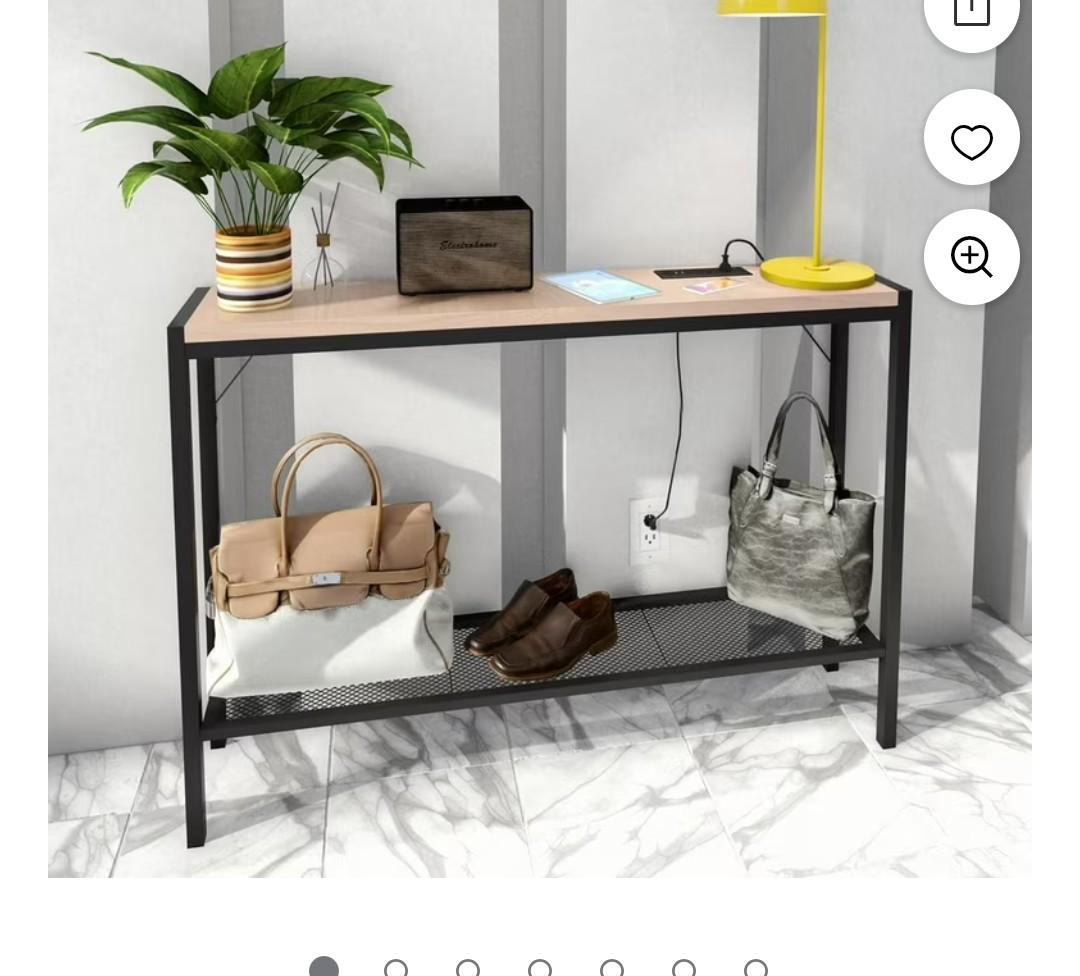 Entryway Table with Power Outlet, 43" Farmhouse Industrial Narrow Console Table with storage shelf, 2 USB and 2 Sockets Sofa Table for Entrance, Living Room and Hallway with long Power Cord, Beechwood