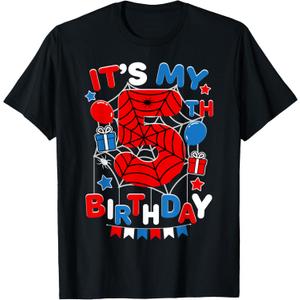 It's My 5th Birthday Spider Theme Party 5 Year Old Boys Kids T-Shirt, XS