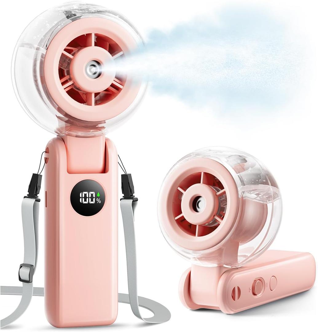 Portable Handheld Misting Fan, 4000mAh Rechargeable 3-in-1 Foldable Cooling Turbo Fan, 1-100 Stepless Speed with Water Spray & LED Display, Desk & Neck Personal Fan for Travel Beach Outdoor (Pink)