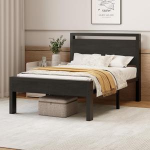 DUMOS Twin Metal Bed Frame with Wooden Headboard and Footboard, 14 Inch Heavy Duty Platform Slats Support with Large Under-Bed Storage, Solid Construction, Non-Slip Design No Box Spring Needed, Black