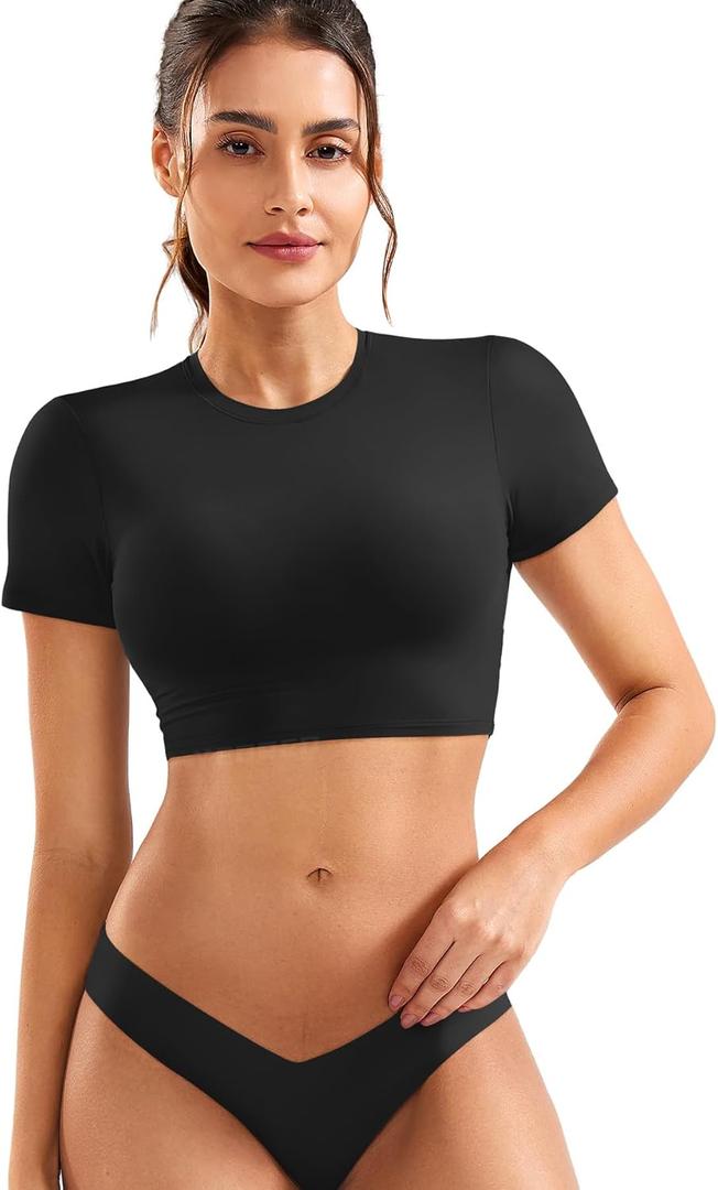 YEOREO Short Sleeve T Shirt for Women Double Lined Crop Top Crew Neck Workout Tee Colin Slim Fit Summer Basic Going Out Top (Large, Black)