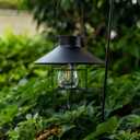 HUYIENO 2Pack Solar Metal Hanging Lantern with Shepherd Hook Outdoor Led Garden Lights Black