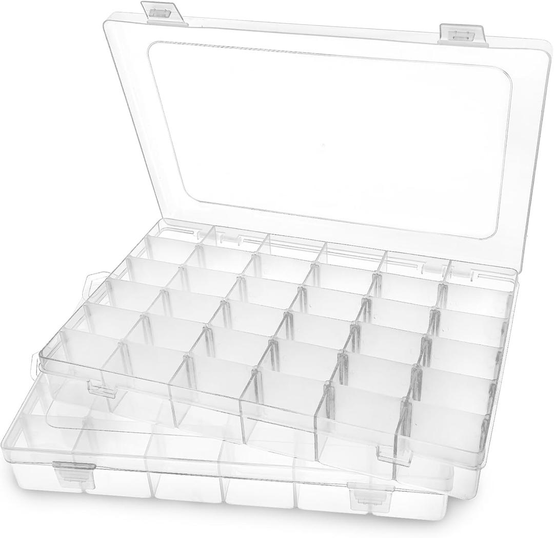 Egaageoi 2-Pack 36-Grid Clear Plastic Organizer Box with Adjustable Dividers - Perfect for Beads, Washi Tape, Rock Collection & Fishing Tackle - Small Parts Case for Crafts & Letter Board Letters
