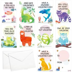 DPKOW 36 Pack Valentines Day Cards for Kids School Classroom Exchange (12x8cm), Animal Valentines Gifts Cards Dinosaur Llama Frog Sloth Raccoon Fish Owl Shark Dog Postcards with Envelopes