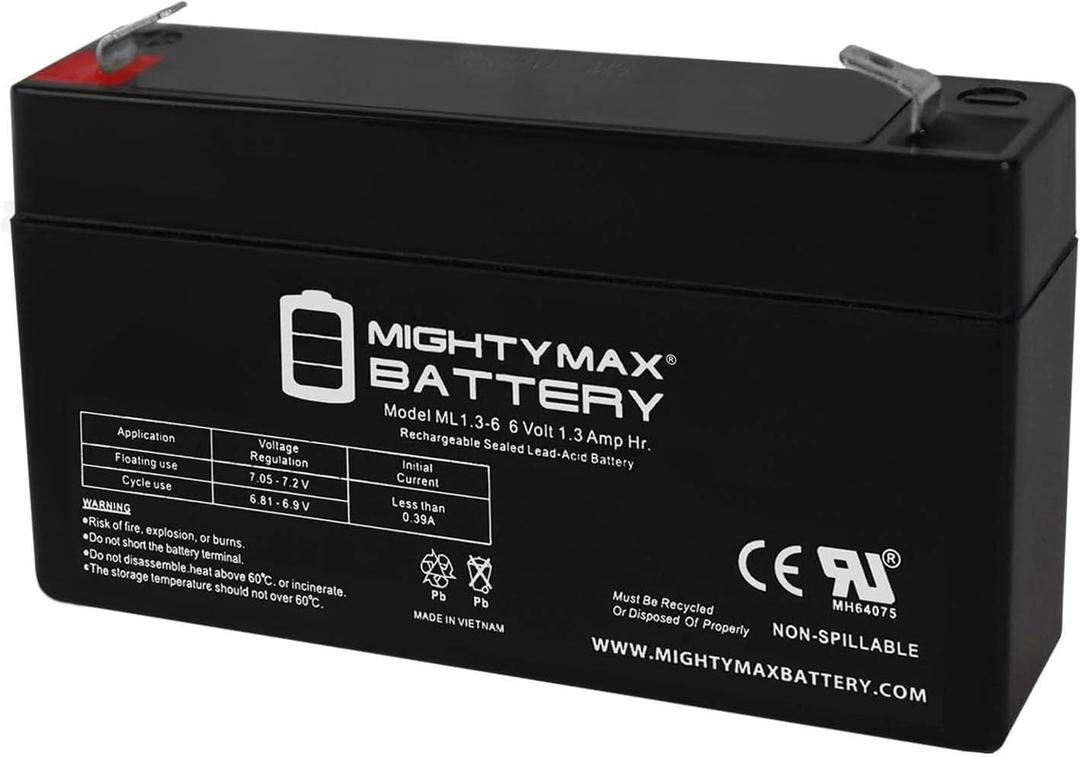 ML1.3-6 - 6 Volt 1.3 AH, F1 Terminal, Rechargeable SLA AGM Battery