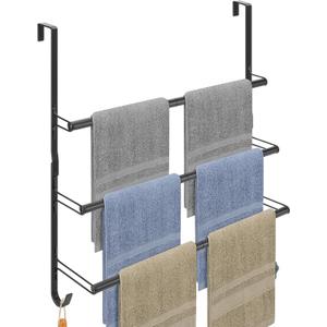 Livabber 3-Tier Over The Door Towel Rack, All Metal Towel Rack with Hooks for Door Hanging, Behind Door Towel Bar Towel Storage Holder for Bathroom Accessories, Black (22.8" L x 5.9" W x 24.4" H)