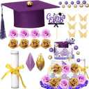 Jingmore Graduation Cake Kit Included Felt Graduation Cap Diploma Classic Black Congrats Grad Cupcake Toppers Beads Leaf Flowers Cake Decorations for Class of 2026 Party(Purple and Gold)