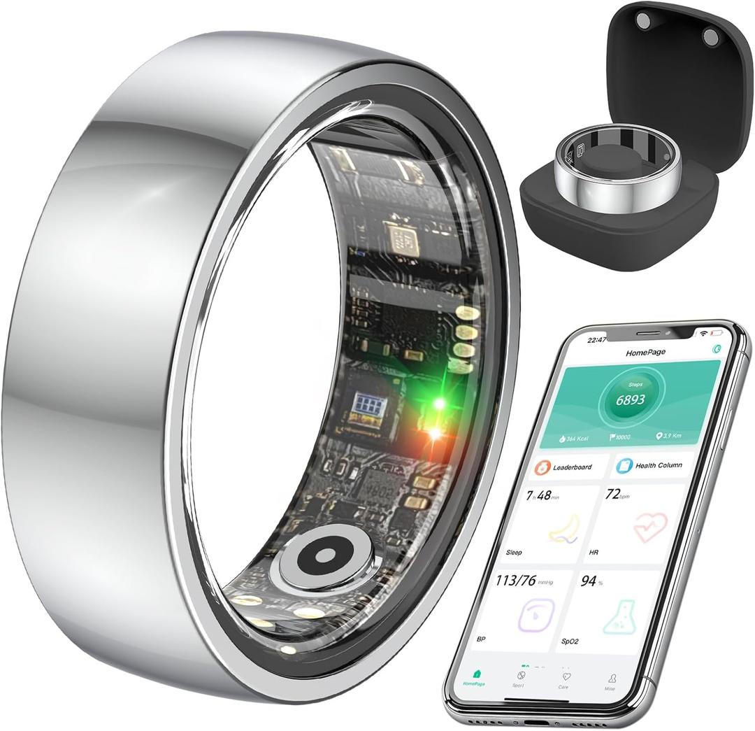 Smart Health Ring for Women Men,Fitness Rings Tracker with Blood Pressure Monitor Heart Rate Blood Oxygen Sleep Monitor IP68 Waterproof Step Counter Calorie Tracker Health Rings for Android iOS Phones (7, Silver)