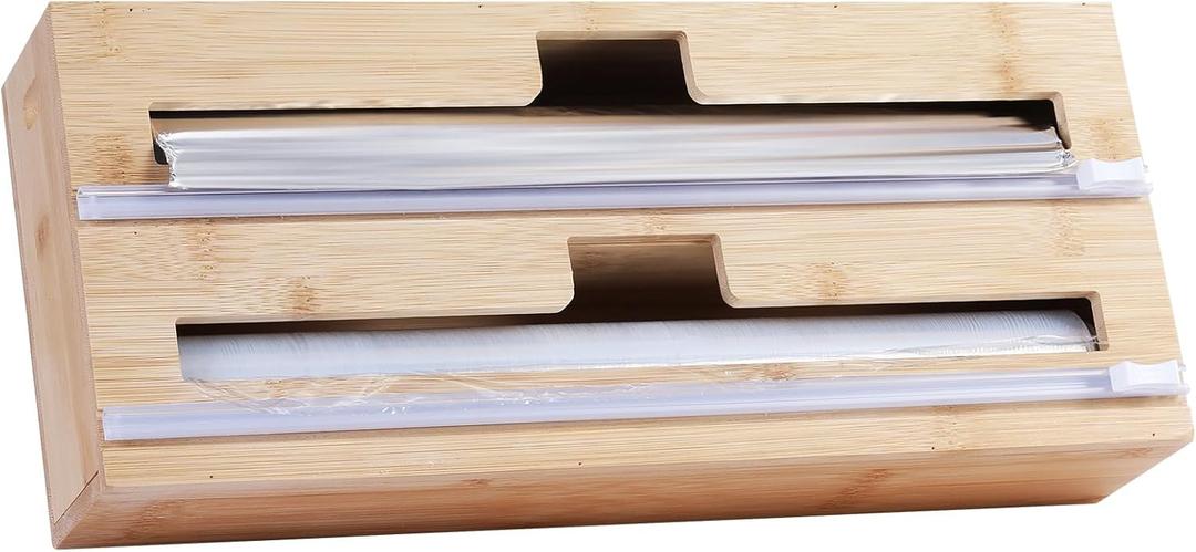 2 in 1 Plastic Wrap Dispenser with CutterBamboo Foil and Plastic Wrap Organizer,Aluminum Foil and Wax Dispenser for Kitchen Drawer Storage Organization