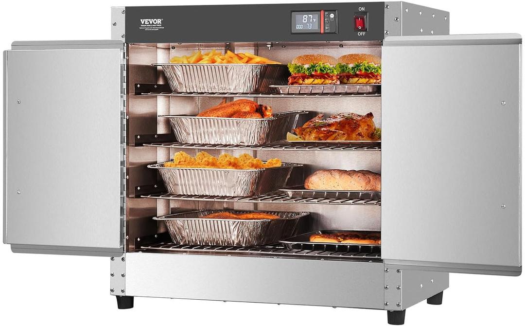VEVOR Hot Box Food Warmer, 4-Tier Concession Warmer with Water Tray, 4 Pans, Double-Door and Adjustable Shelves, Stainless Steel Food Warmer Cabinet, Ideal for Storing Pizza, Chicken, Restaurant