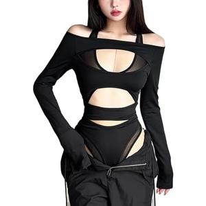 SINROYEE Women Hollow Out Outfits One Piece Jumpsuit Long Sleeve Top Cut Out Bodysuit for Rave Party Club L