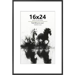 16x24 Frame Black – Aluminum Poster Frame with Real Glass, 12x18 Picture Frame with Mat or 16 x 24 Without, Large Metal Wall Frame for Photos & Artwork