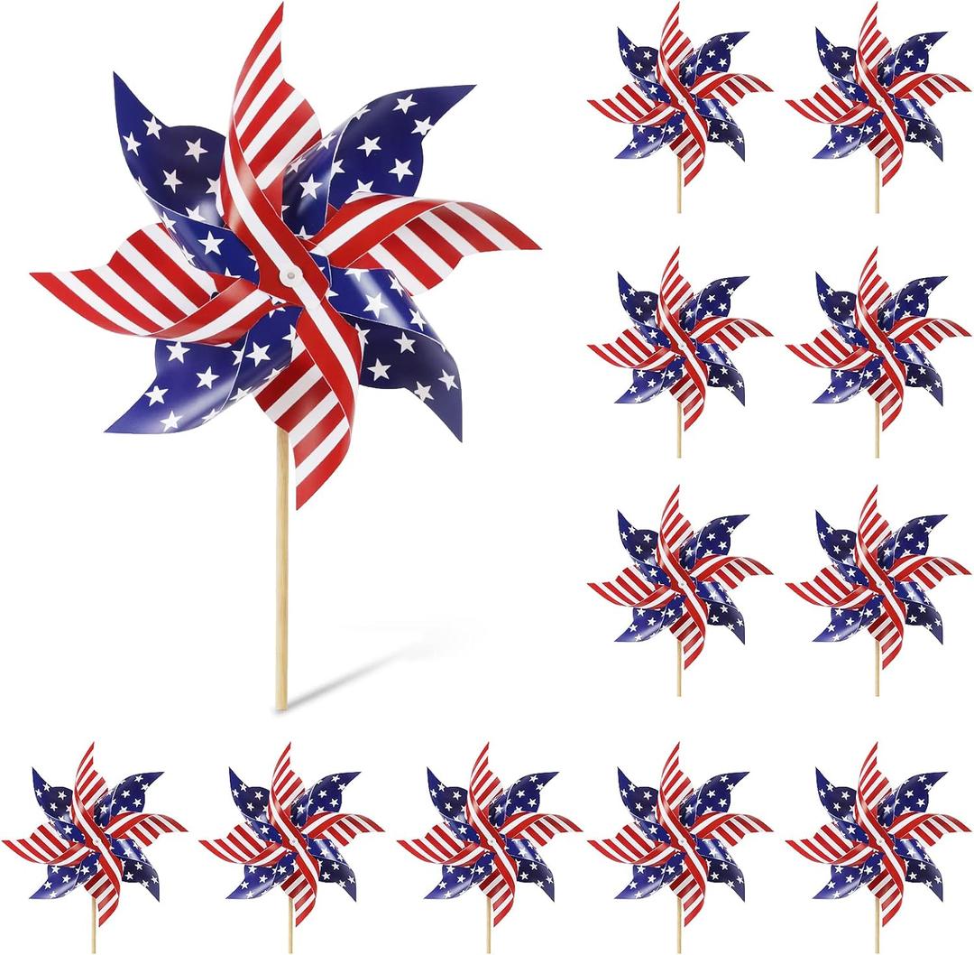 Wind Spinners Outdoor, 12Pcs American Flag Patriotic Pinwheels Red White and Blue Decorations, Garden Wind Spinners Patriotic Outdoor Decor Windmills for Yard Garden, Party Supplies, Memorial Day